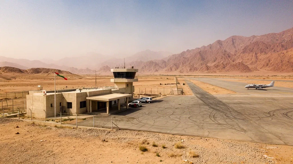 Abgelegenes Wüstenterminal und Start- und Landebahn am Flughafen Reko Diq in Belutschistan, Pakistan, umrahmt von kargen felsigen Bergen unter einem dunstigen Himmel