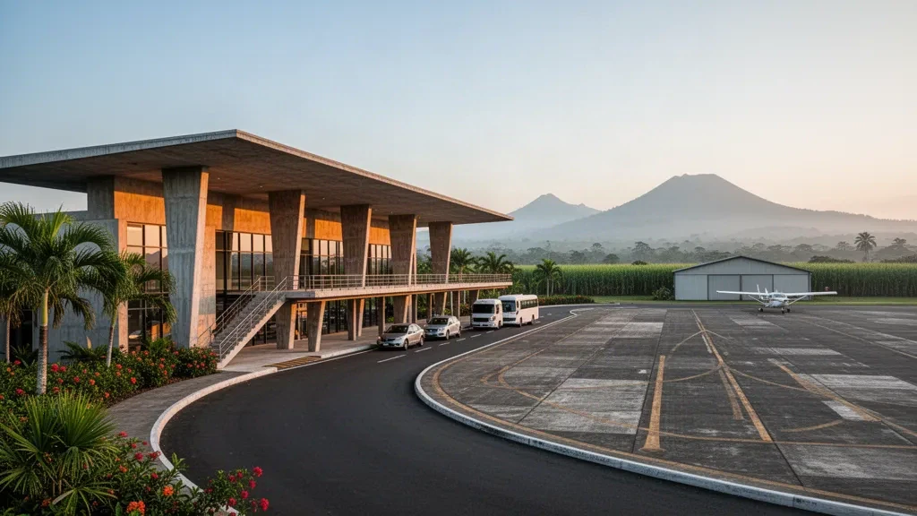 Terminal de faible hauteur et voie de dépose bordée de palmiers à l'aéroport de Retalhuleu au Guatemala, éclairés par le soleil chaud de fin d'après-midi