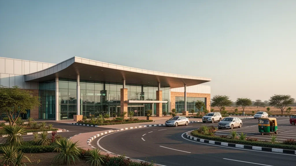 Chorhata, Madhya Pradesh'teki Rewa Havalimanı'nda modern cam terminal, indirme şeritleri, taksiler ve ön avluda altın saat ışığı.