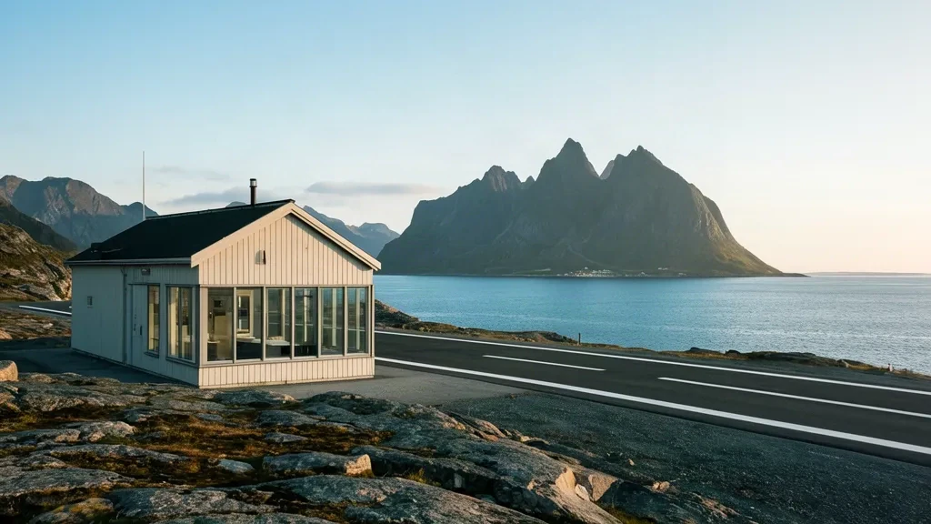 Exterior del terminal del Aeropuerto de Røst en Noruega con pista, océano y montañas bajo una suave luz nórdica.