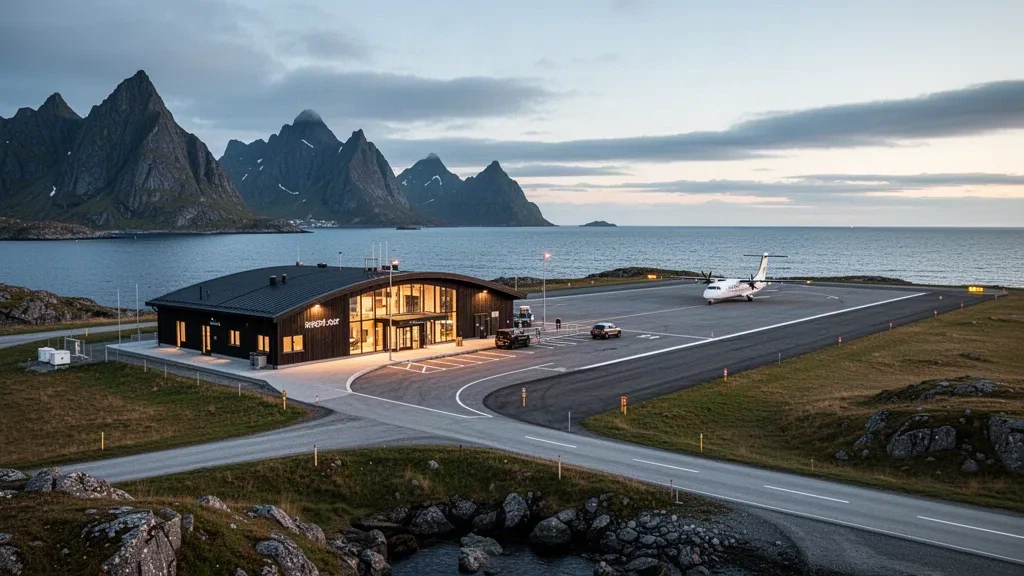 Norveç'in Lofoten bölgesindeki Røst Havalimanı'nda küçük bir kıyı terminali ve pisti, okyanus manzarası ve altın saat ışığı.