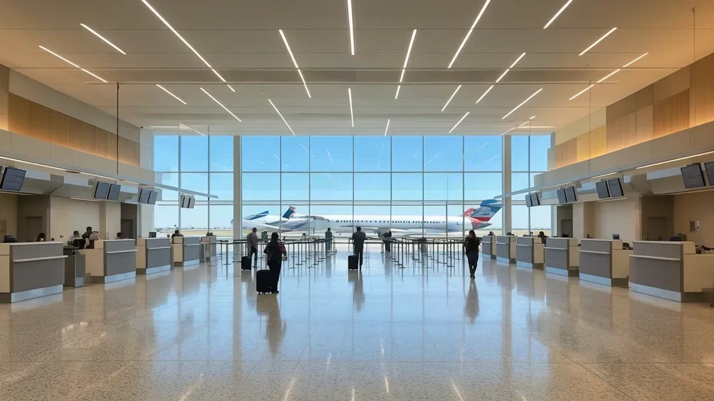 Interior view of General Lucio Blanco International Airport terminal in Reynosa, Mexico, with travelers and check-in area.