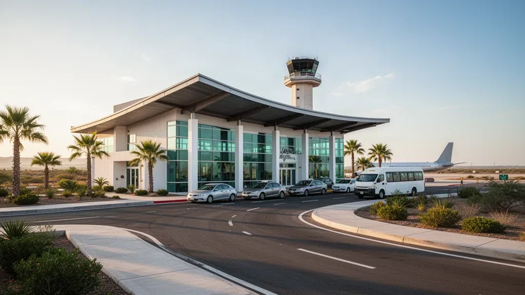 Modernes Glas-Terminal und geschwungene Vorfahrtspur am internationalen Flughafen Reynosa in warmem Licht des späten Nachmittags
