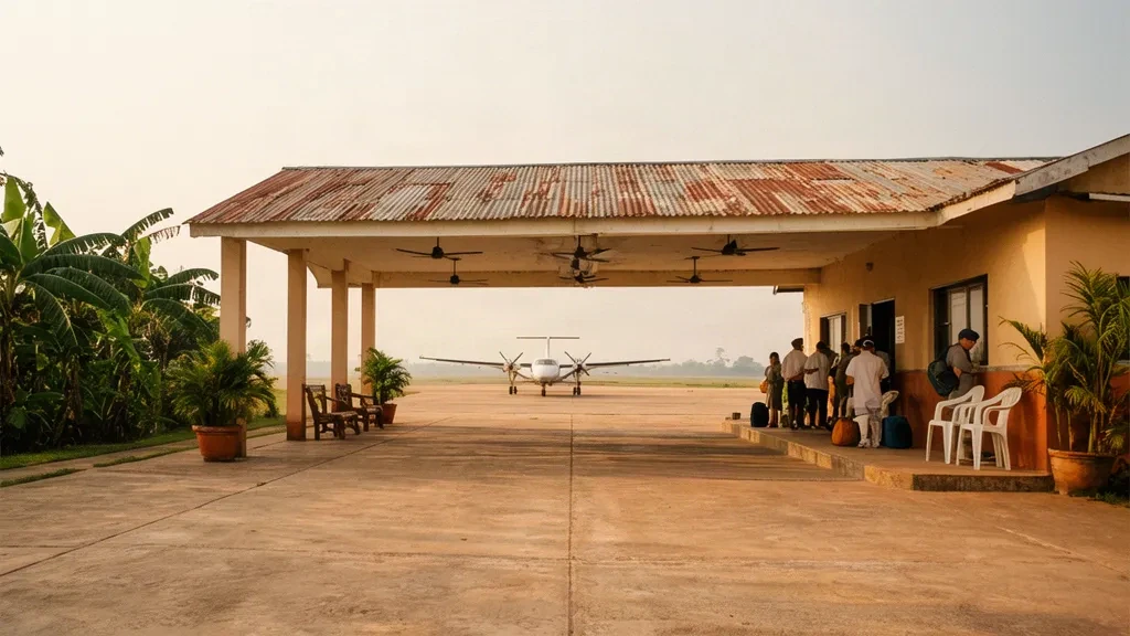 Terminal tropical de una sola planta y plataforma en el Aeropuerto Reyes REY en el departamento del Beni de Bolivia con viajeros y una pequeña avioneta