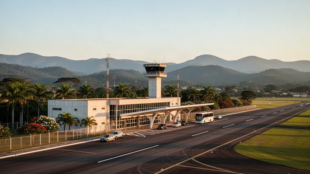 Brezilya'daki Resende Havalimanı'nda sıcak altın saat ışığı altında modern terminal, taksi yolu ve yeşil dağ manzarası