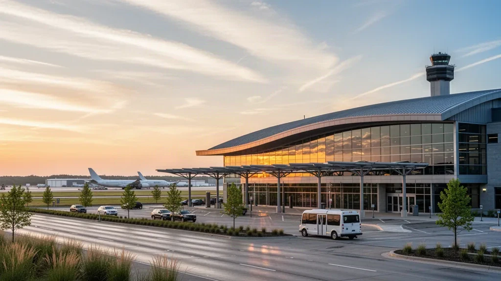Chicago Rockford Uluslararası Havalimanı'nda sıcak altın saat ışığında modern cam terminal ve yol kenarı indirme alanı