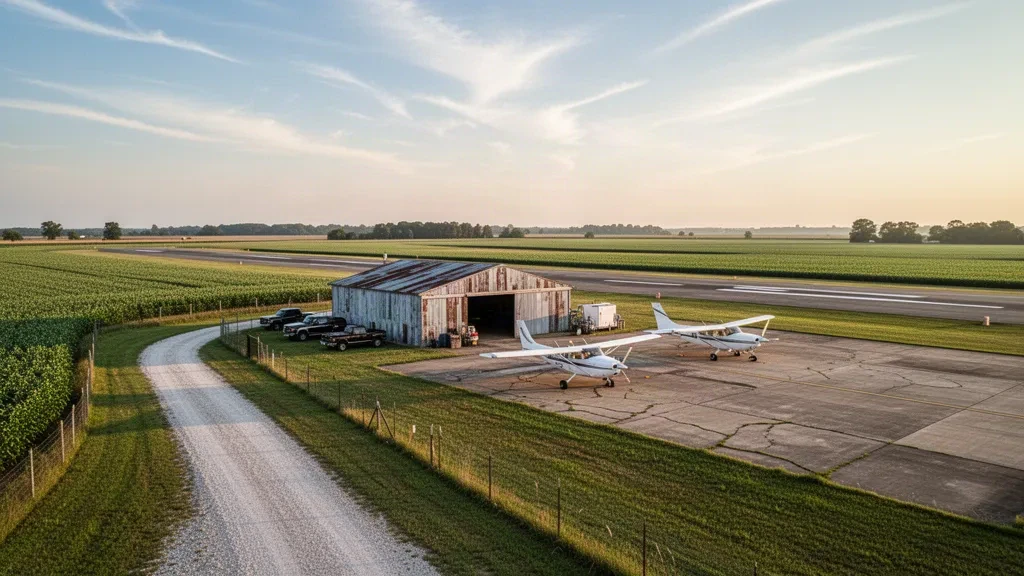 Small single-engine aircraft and a metal hangar beside the grass-lined runway at Rollang Field airfield in Anguilla, Mississippi, in warm golden light.