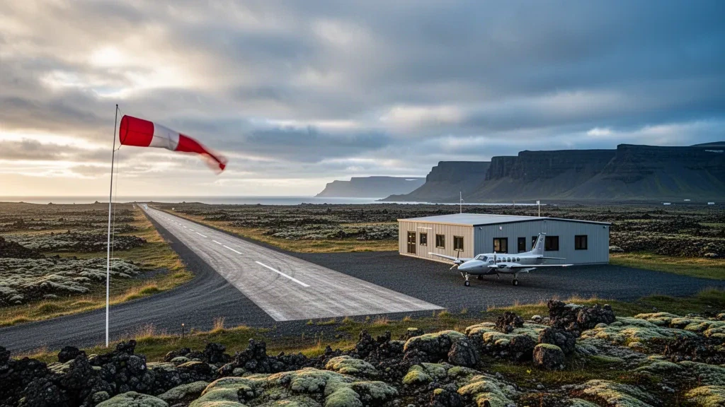 Remote gravel runway and small terminal building at Raufarhöfn Airport in northeast Iceland beneath a dramatic Nordic sky