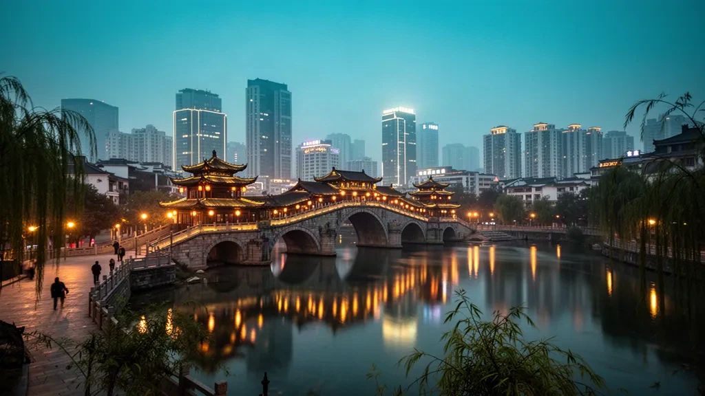 Anshun Bridge glowing at dusk over the Jin River in Chengdu, Sichuan, with the illuminated city skyline rising behind it