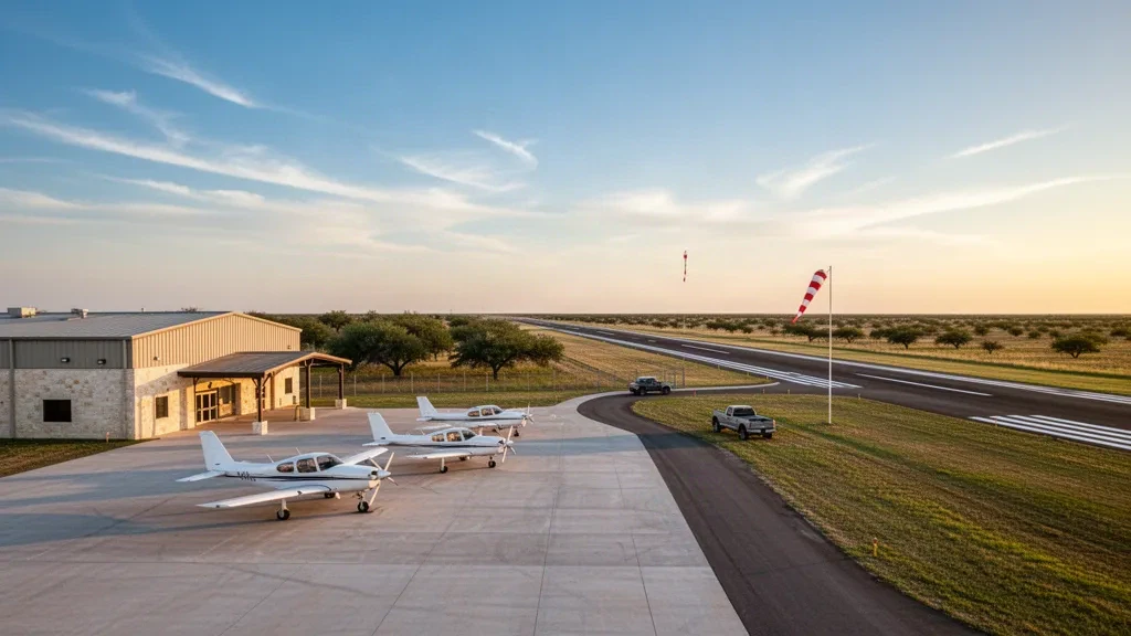 Piccolo aereo monomotore assicurato al piazzale dell'aeroporto Rooke Field a Refugio, Texas, sotto un ampio cielo di prateria costiera durante l'ora d'oro