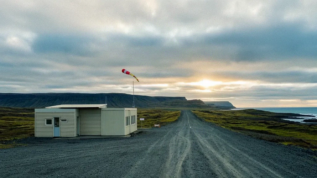 Gravel runway and small terminal building at Raufarhöfn Airport RFN on Iceland's remote northeast coast beneath a pale Arctic sky