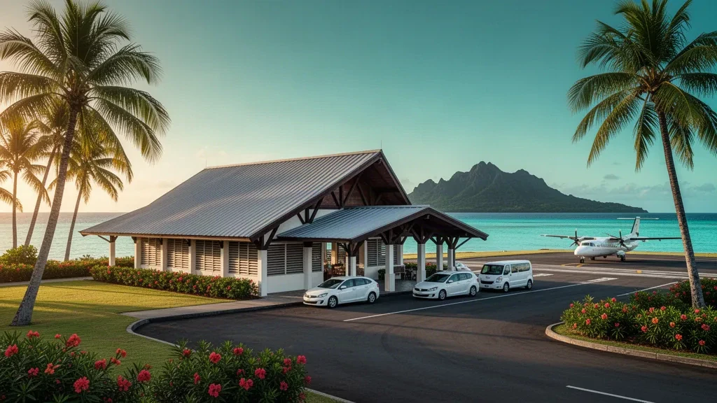 Terminal tropical al aire libre en el aeropuerto de Raiatea en la Polinesia Francesa, rodeada de palmeras con una laguna turquesa y el monte Temehani al fondo