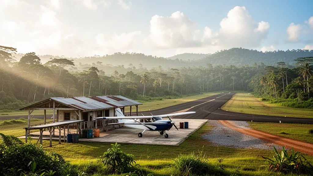 Single-engine aircraft on the apron beside a low terminal shelter at Rosita Airport in Nicaragua's tropical Caribbean lowlands