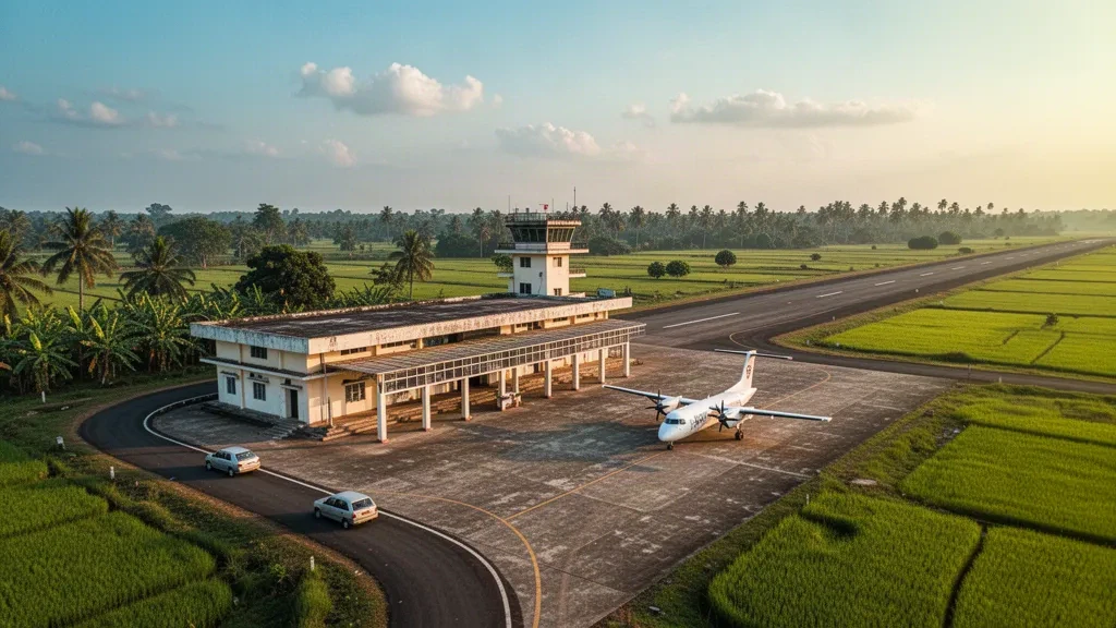 Vista del Aeropuerto de Balurghat en Bengala Occidental durante la hora dorada, con una terminal de poca altura, plataforma de concreto, un pequeño turbohélice y una pista enmarcada por campos verdes.