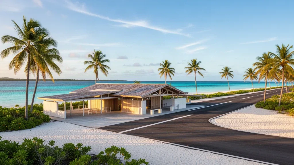 Small tropical terminal and runway at Rangiroa Airport in French Polynesia, framed by turquoise lagoon water and palm trees