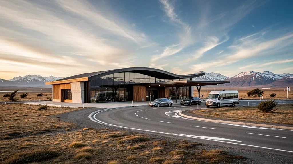 Terminal moderna y carriles de descenso en el Aeropuerto Internacional Gobernador Ramón Trejo Noel en Río Grande, Tierra del Fuego, a la hora dorada