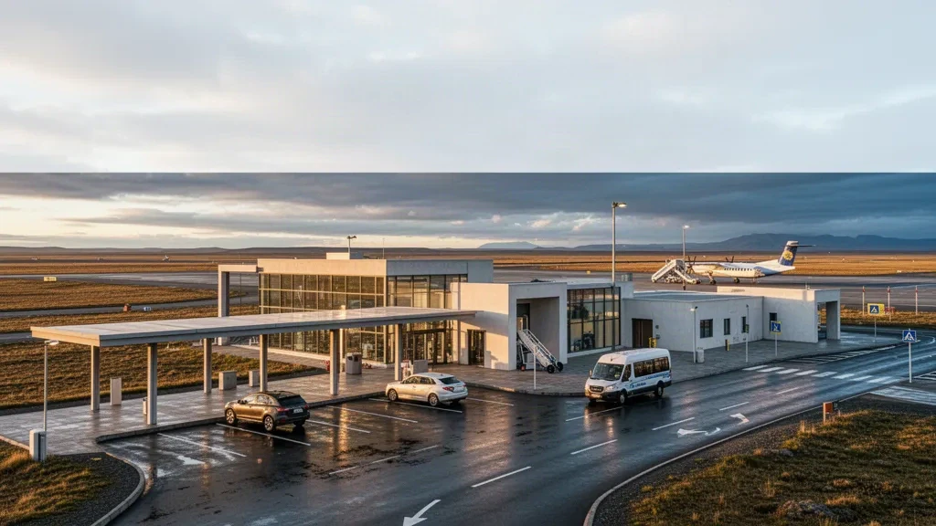 Modern low-rise terminal exterior and curbside drop-off at Piloto Civil Norberto Fernández International Airport in Río Gallegos, Patagonia, at dusk