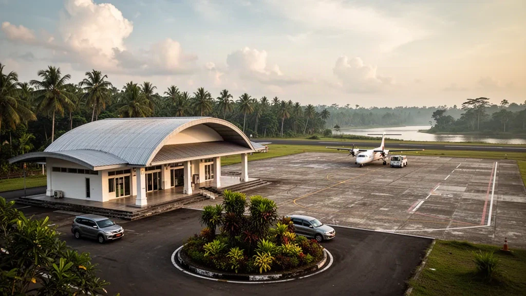 Petit terminal tropical et tarmac tranquille à l'aéroport de Japura à Rengat, Riau, entouré de palmiers et de verdure de plaine dans une chaude lumière d'après-midi