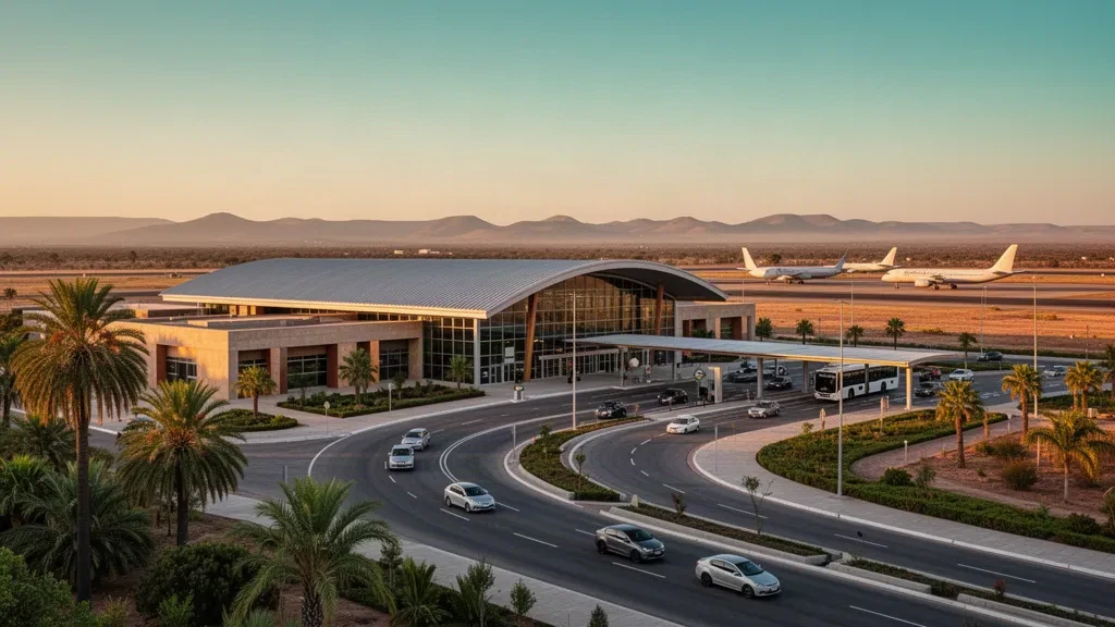 Terminal y carriles de descenso en el Aeropuerto Internacional de Termas de Río Hondo bajo la luz dorada del atardecer, con aviones estacionados en la plataforma