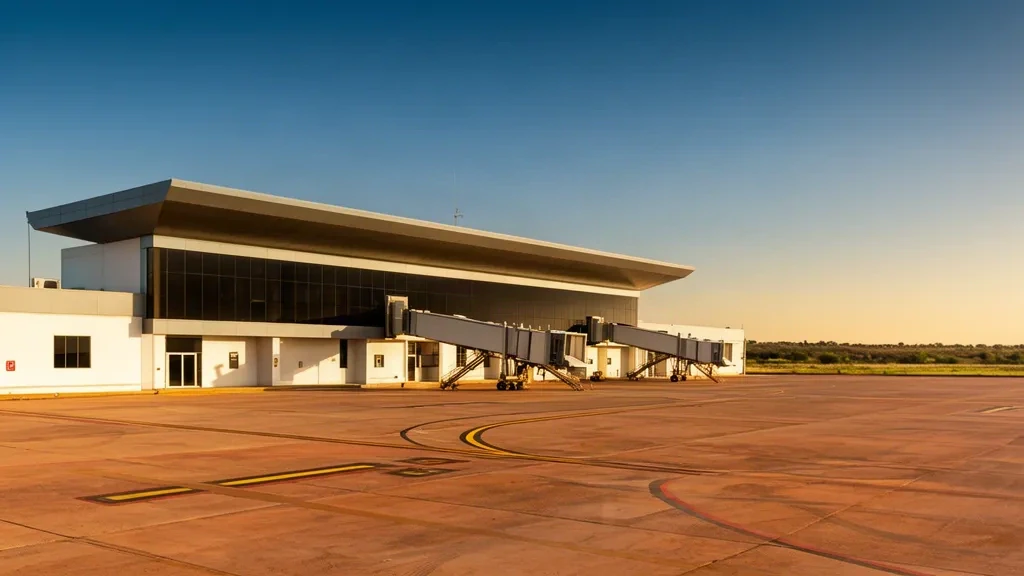 Exterior de la terminal y plataforma del Aeropuerto Internacional de Termas de Río Hondo RHD en Santiago del Estero, Argentina