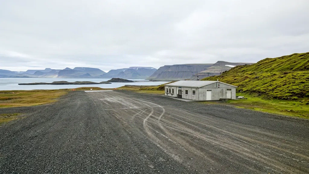 Vue extérieure de l'aéroport de Reykhólar en Islande, montrant sa petite piste en gravier et son bâtiment terminal rural au milieu du paysage des Westfjords.