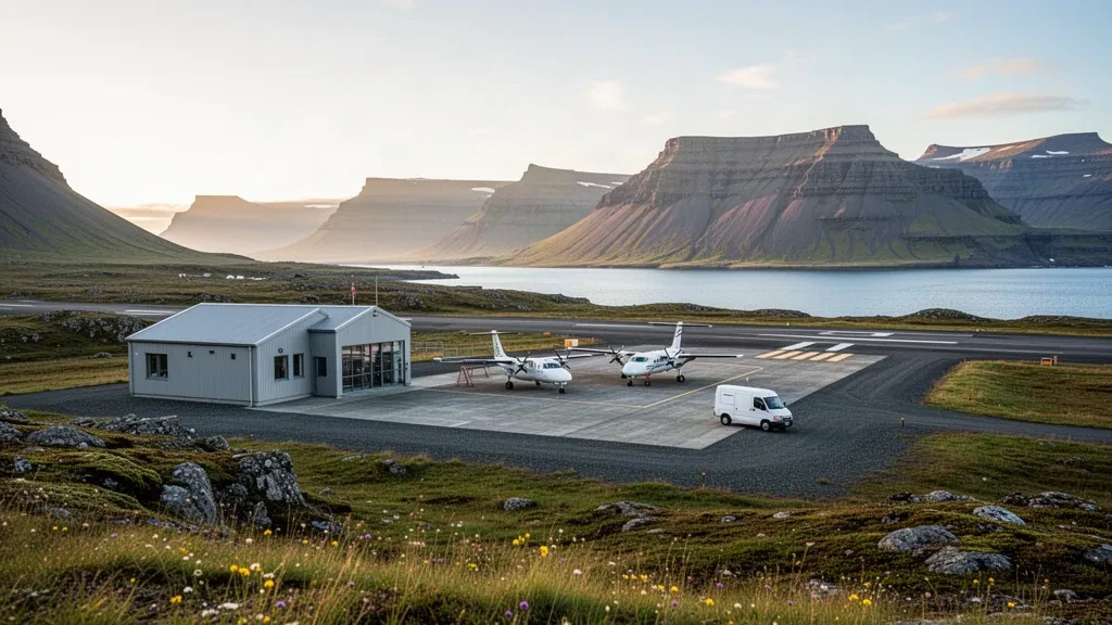 Pista remota, piccolo terminal e aeromobile leggero all'aeroporto di Reykhólar nei Fiordi Occidentali d'Islanda sotto una luce nordica dorata