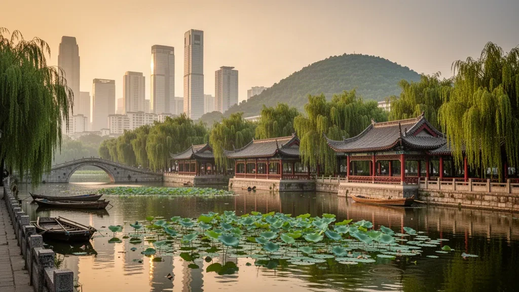 Le lac Daming à Jinan, dans le Shandong, encadré de saules, de pavillons traditionnels au bord du lac et de la skyline de la ville dans une chaude lumière de fin d'après-midi