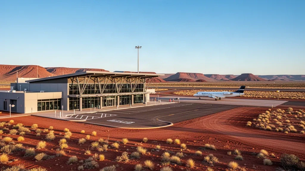 Batı Avustralya'nın Pilbara bölgesindeki Roy Hill Station Havalimanı'nda altın ışık altında pist, jet ve kızıl çöl manzaralı modern terminal dış cephesi.