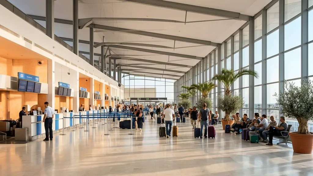 Departure hall interior at Rhodes International Airport Diagoras with check-in counters and Mediterranean daylight