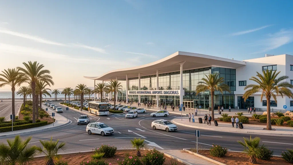 Modernes Terminalgebäude am Flughafen Rhodos International Diagoras in Griechenland mit Palmen und mediterranem Tageslicht