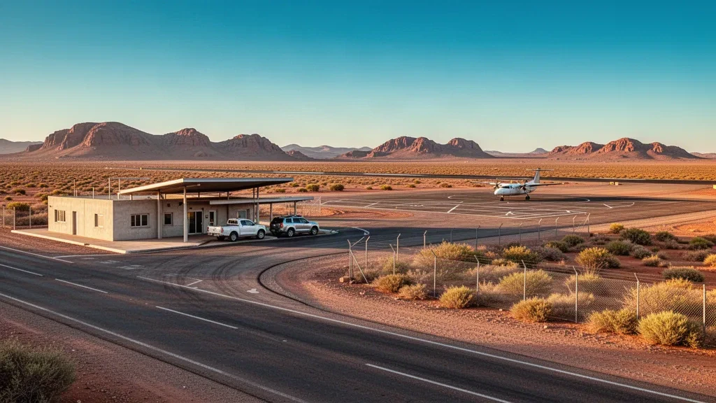 Pista remota en el desierto y pequeña terminal que sirve a Skorpion Mine en el sur de Namibia, rodeada de montañas áridas y un cielo azul despejado.