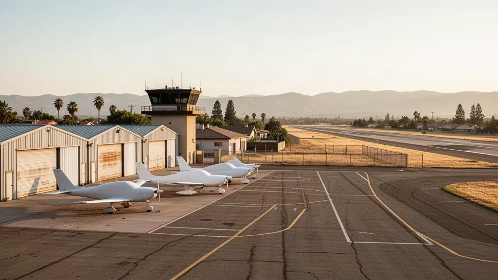 Petit avion stationné sur le tarmac sous les hangars et une tour de contrôle à l'aéroport Reid-Hillview à San José, en Californie, à l'heure dorée