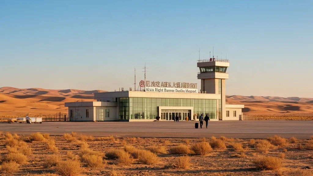 Vue extérieure du terminal de l'aéroport d'Alxa Right Banner Badanjilin en Mongolie-Intérieure avec paysage désertique