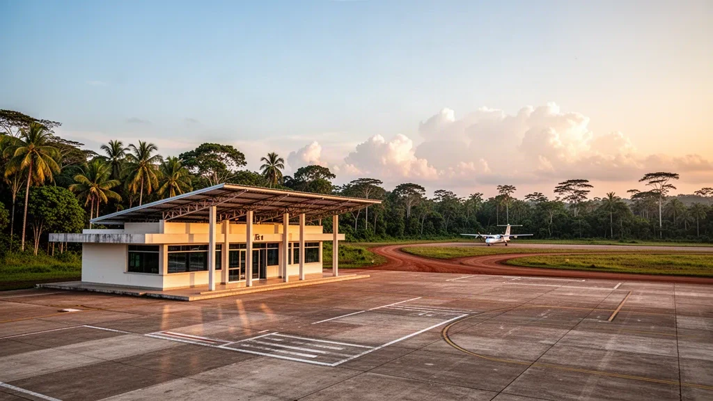 Small tropical airport terminal with apron and palms at Riberalta in the Bolivian Amazon under warm golden-hour light