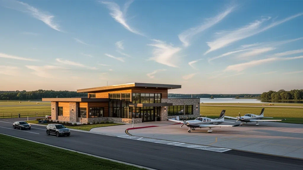 Modernes Terminalgebäude und Vorfeld am Rice Lake Regional Airport in Wisconsin mit abgestellten Flugzeugen und Licht zur goldenen Stunde.