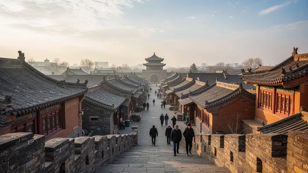 Blick zur goldenen Stunde über die grau gedeckten Dächer und die alte Stadtmauer von Pingyao, Provinz Shanxi, China