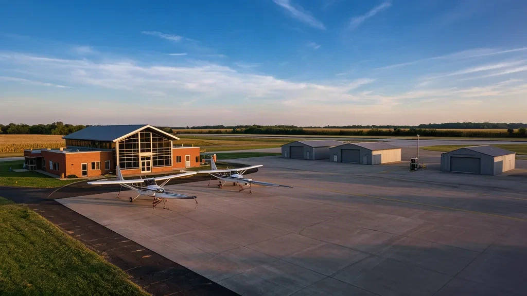 Small brick terminal building, hangars and parked light aircraft on the apron at Richmond Municipal Airport in Indiana