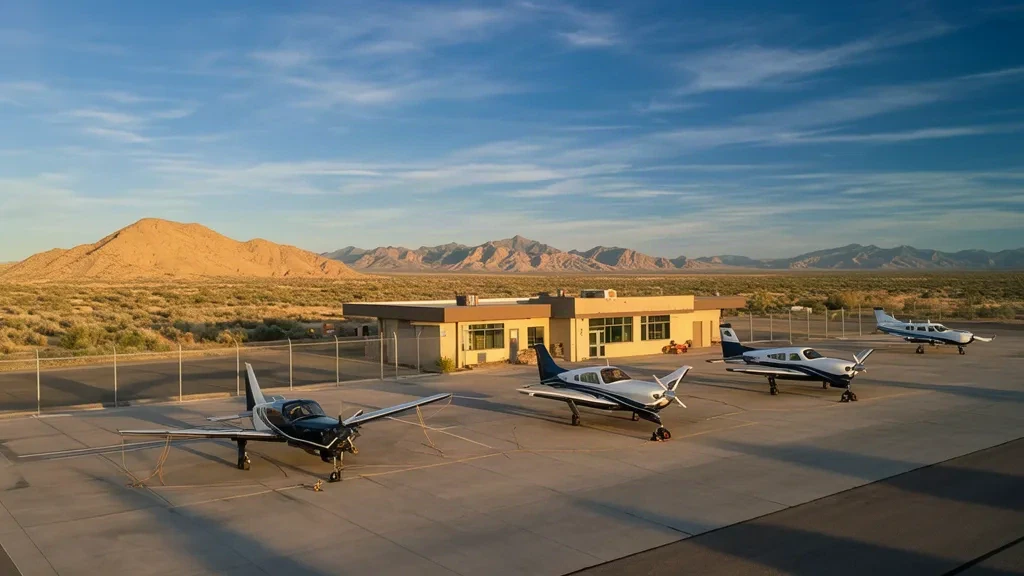 Aire de trafic d'aviation générale et aéronef monomoteur devant le petit terminal de l'aéroport municipal de Richfield dans l'Utah