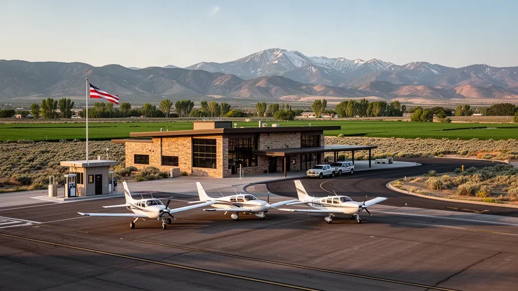 Piccolo aereo di aviazione generale sul piazzale di Richfield Municipal Airport nello Utah, con creste desertiche e montagne in lontananza sullo sfondo