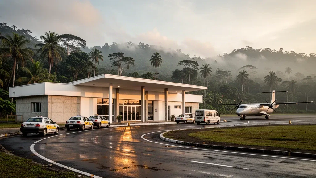 Terminal and drop-off area at Juan Simons Vela Airport in Rioja, Peru, surrounded by Amazon foothills in warm late-afternoon light.