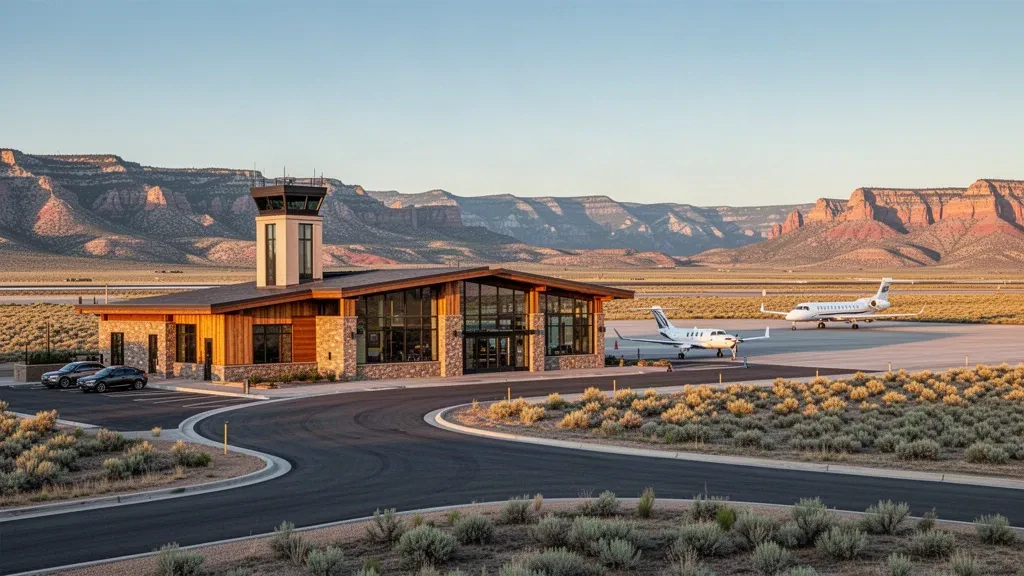 Terminal moderna, plataforma y montañas de fondo en el Aeropuerto Regional del Condado de Garfield en Rifle, Colorado, a la hora dorada