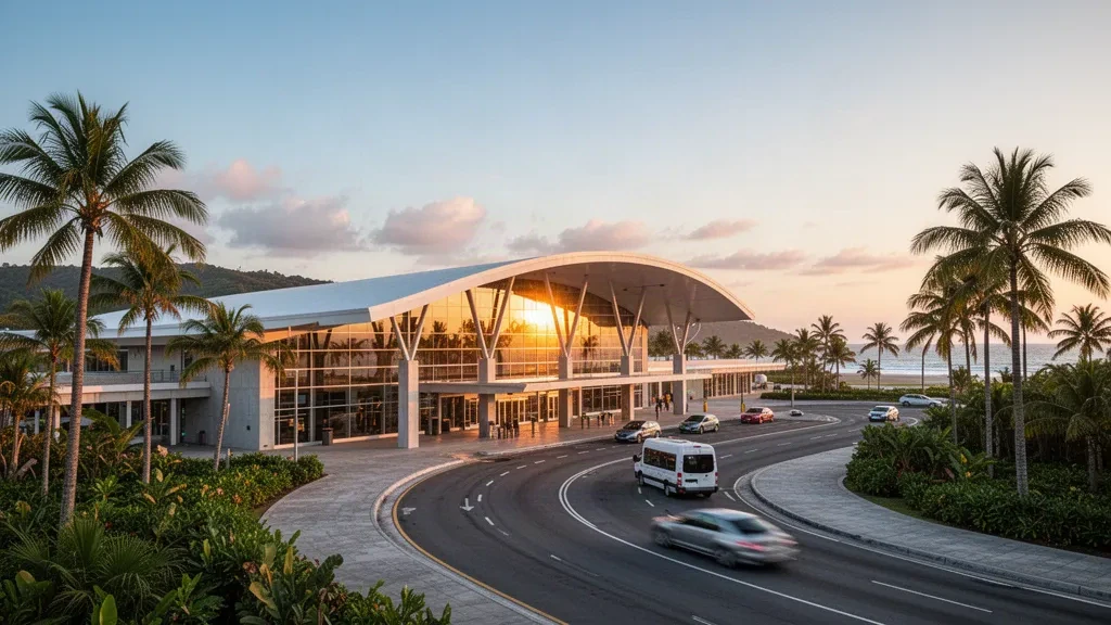 Modernes Flughafenterminal aus Glas mit geschwungenem weißen Dach und tropischen Palmen zur goldenen Stunde, Scarlett Martínez International Airport in Río Hato, Panama