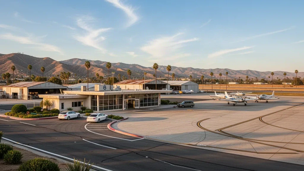 Historic Flabob Airport (RIR) in Riverside, California, with vintage hangars, a small terminal, and classic aircraft on the ramp at golden hour.