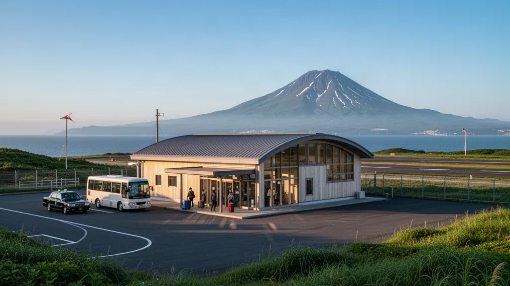 Rishiri Airport terminal on Hokkaido's Rishiri Island with Mount Rishiri rising beyond the runway in soft golden light