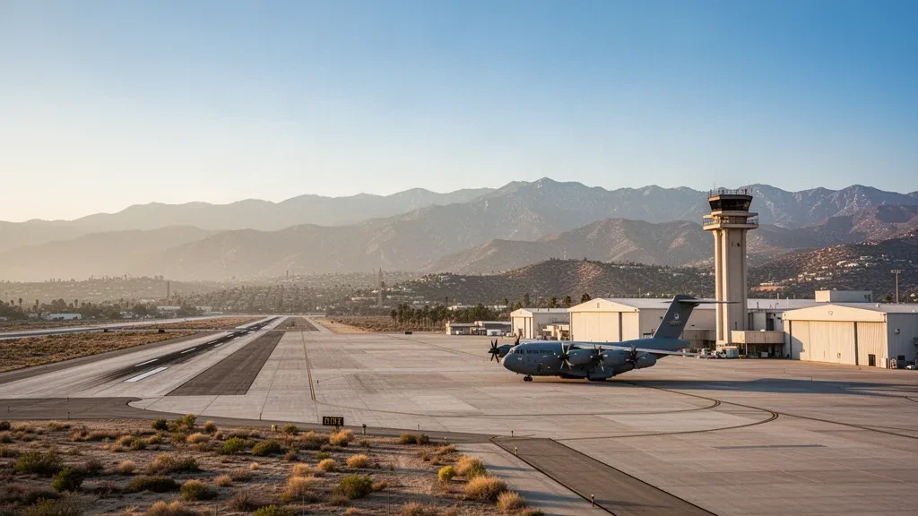 Amplia vista durante la hora dorada de March Air Reserve Base cerca de Riverside, California, con pistas, hangares y montañas en la distancia