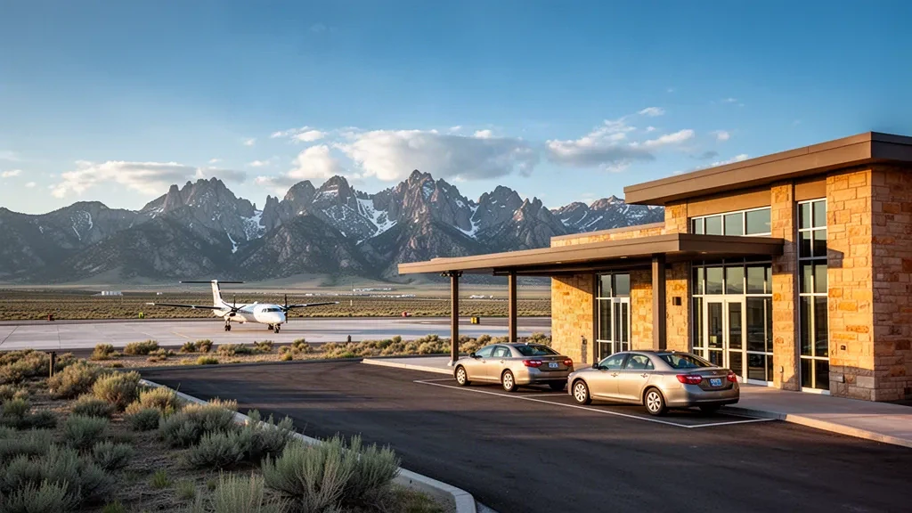 Terminal dell'aeroporto regionale del Wyoming centrale a Riverton con la Wind River Range e l'ampio cielo dell'altopiano desertico all'ora d'oro