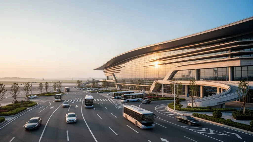 Esterno moderno di un terminal aeroportuale in vetro presso l'aeroporto di Rizhao Shanzihe nello Shandong, Cina, con strade d'accesso e corsie di sosta all'ora dorata