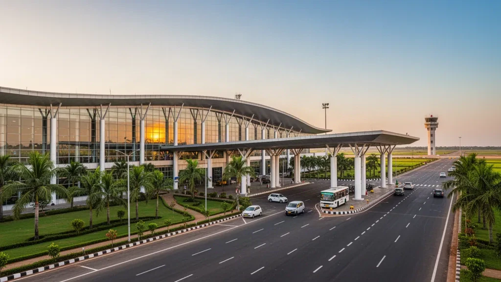 Exterior de terminal moderna y carril de bajada en el aeropuerto de Rajahmundry, Andhra Pradesh, durante la cálida luz de la hora dorada.