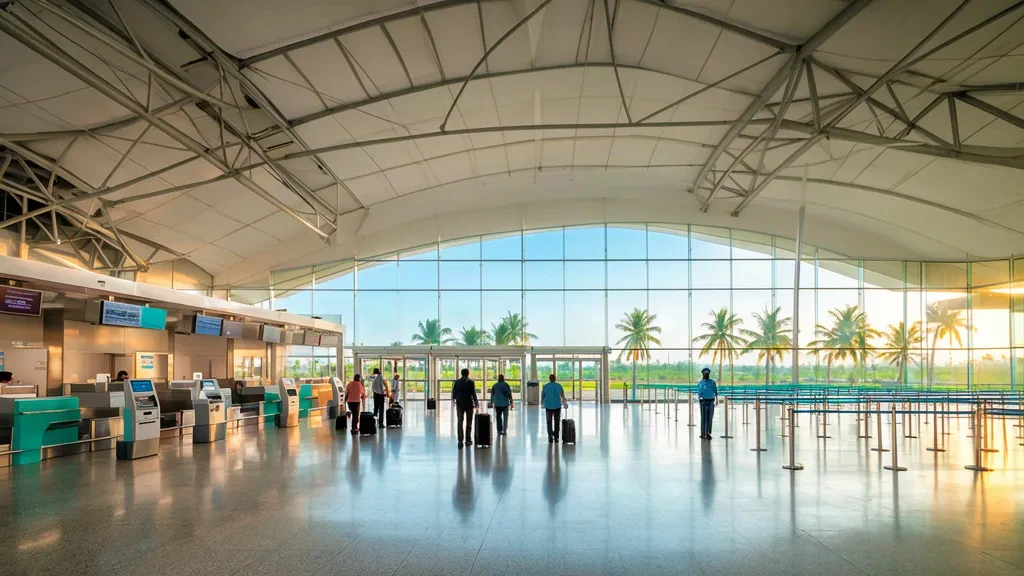 Espacioso interior de terminal con paredes de cristal en el aeropuerto de Rajahmundry RJA en Andhra Pradesh con mostradores de facturación y viajeros