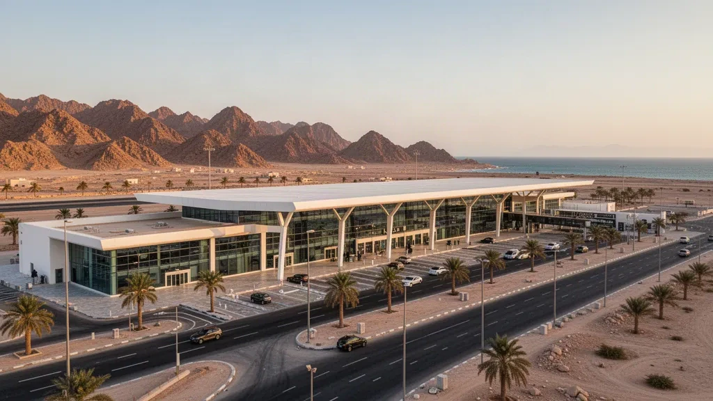 Esterno del moderno terminal dell'Aeroporto Internazionale di Riyan a Mukalla, Yemen, con strada di accesso e montagne costiere durante l'ora d'oro.